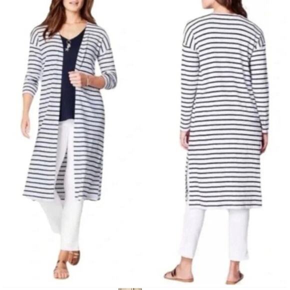 J. Jill Open Front Duster Cardigan Womens 2X Blue White Striped Coastal Sailor - Picture 1 of 11
